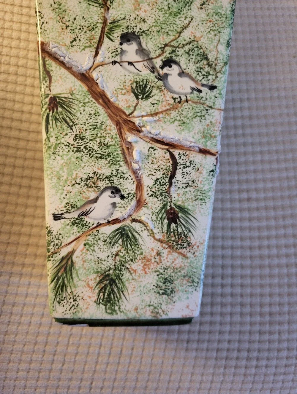 Oriental looking Hobbyist Vase Green/brown w/birds and branches